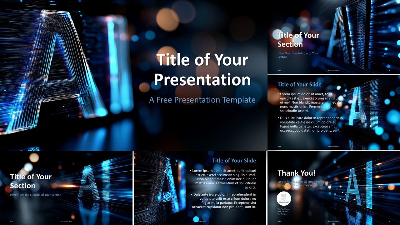 Sleek and cinematic AI-themed presentation template preview for PowerPoint and Google Slides with a modern widescreen layout.