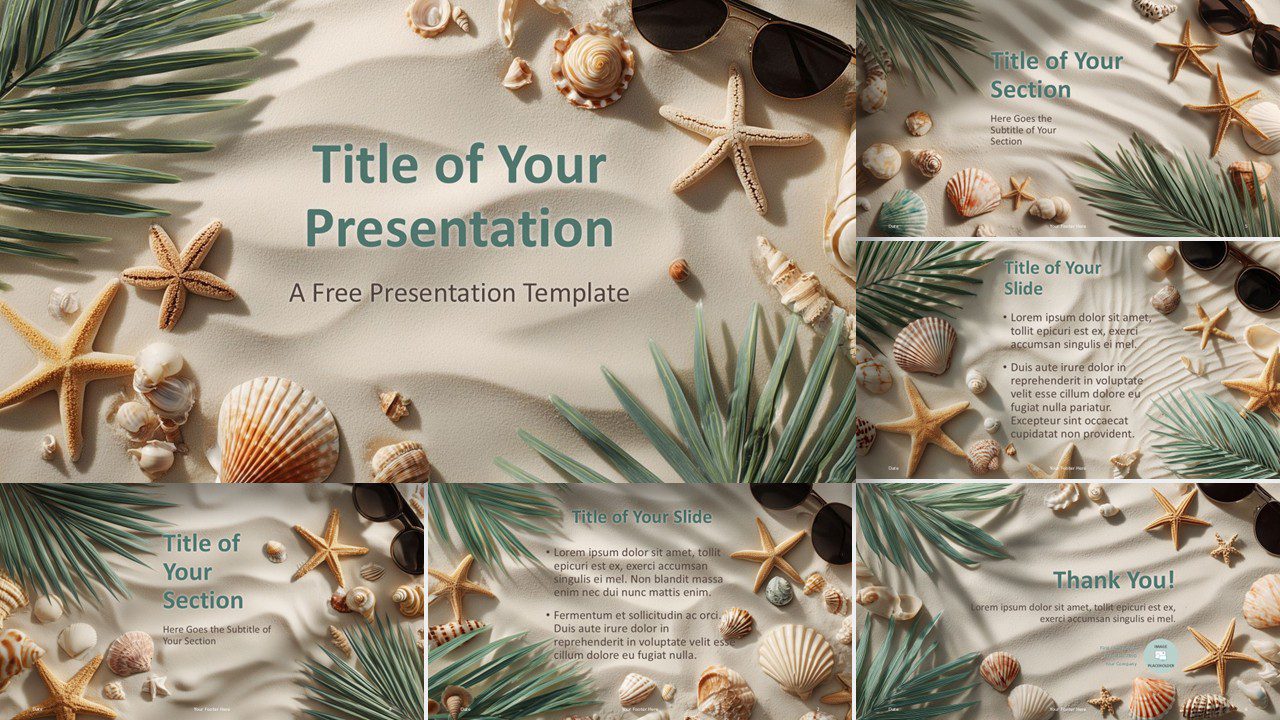 A calm and professional 6-slide beach-themed template for PowerPoint and Google Slides in widescreen format.