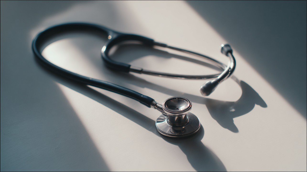 Close-up photo of a stethoscope lying on a glossy white surface with soft natural light and shadows.
