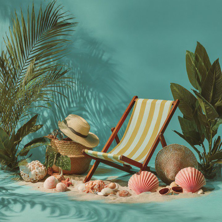 Striped deck chair surrounded by tropical plants, seashells, and summer accessories on a sandy beach setup with a teal background.