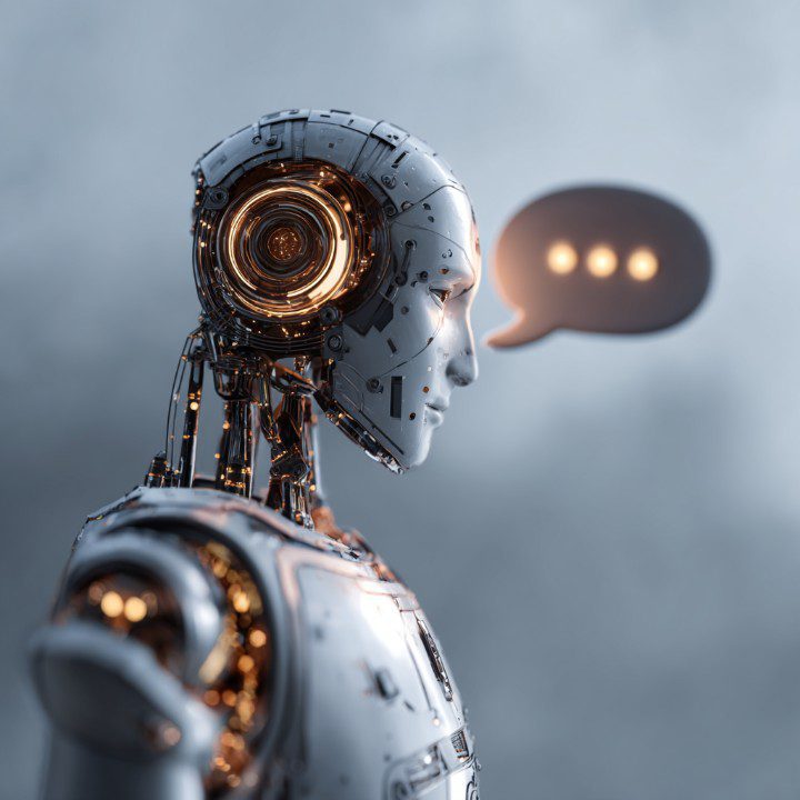3D rendered humanoid AI robot with glowing circuits and a speech bubble, representing artificial intelligence chatbot technology.