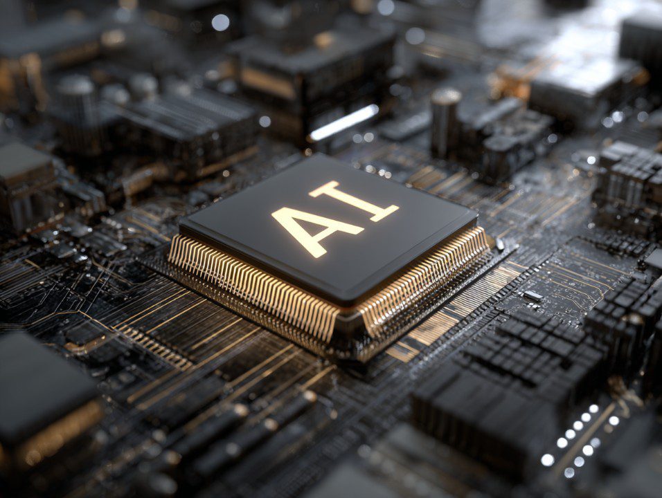 Close-up 3D render of a glowing AI processor on a motherboard, symbolizing advanced artificial intelligence computing.