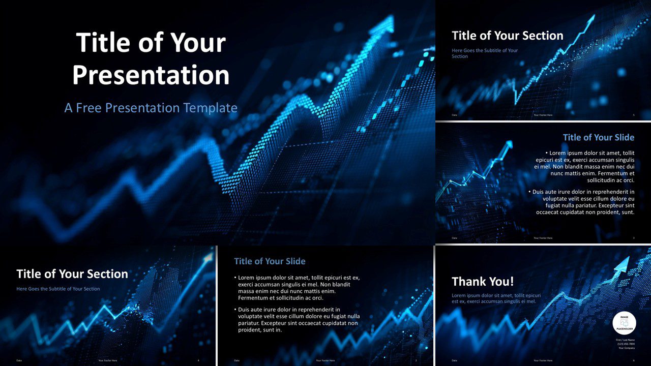 Widescreen preview of all slides in the Analytics Pulse Template for PowerPoint and Google Slides with a digital graph background.