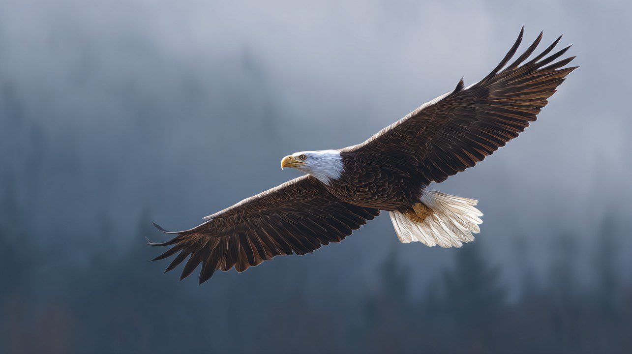 Bald eagle soaring with wings outstretched against a misty blue background.