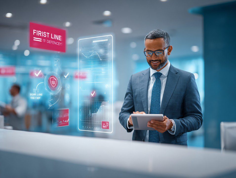 Middle Eastern banker in blue suit uses a tablet with a holographic digital security interface in a modern bank environment.