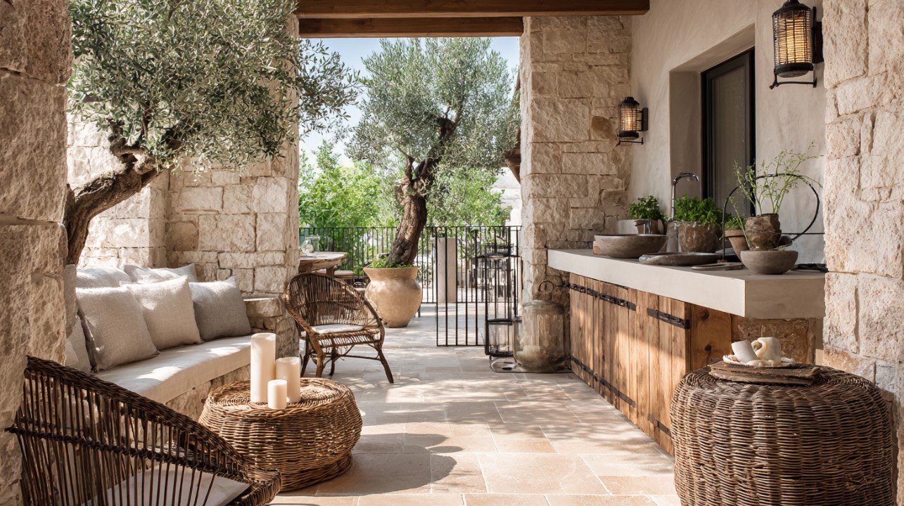 Boho-style terrace with olive trees, wicker furniture, and rustic stone walls.