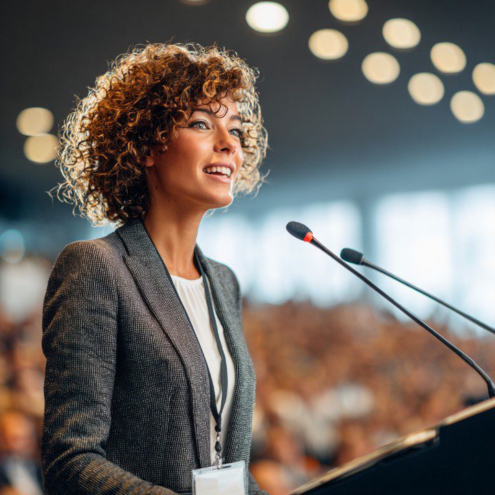 Professional woman confidently delivering a speech at a podium to a large audience in a conference hall.