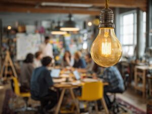 Glowing lightbulb in focus with blurred office team collaborating in the background.
