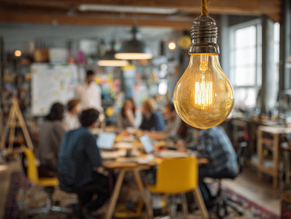 Glowing lightbulb in focus with blurred office team collaborating in the background.