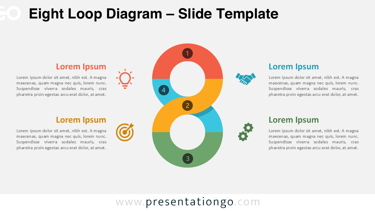 Free Eight Loop Diagram PowerPoint template with four numbered loops on a white background, including text boxes and icons for Google Slides.