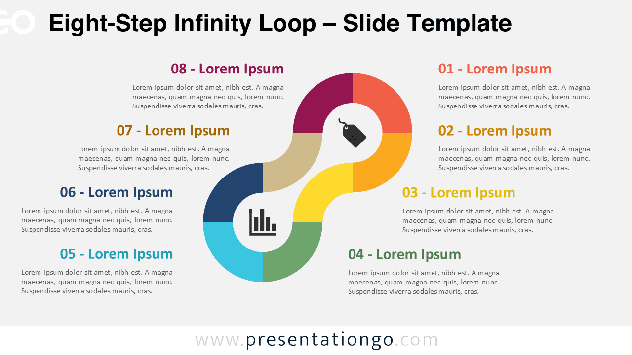 Free Eight-Step Infinity Loop PowerPoint template on a light background displays eight curved, color-coded steps with external text blocks in Google Slides format.