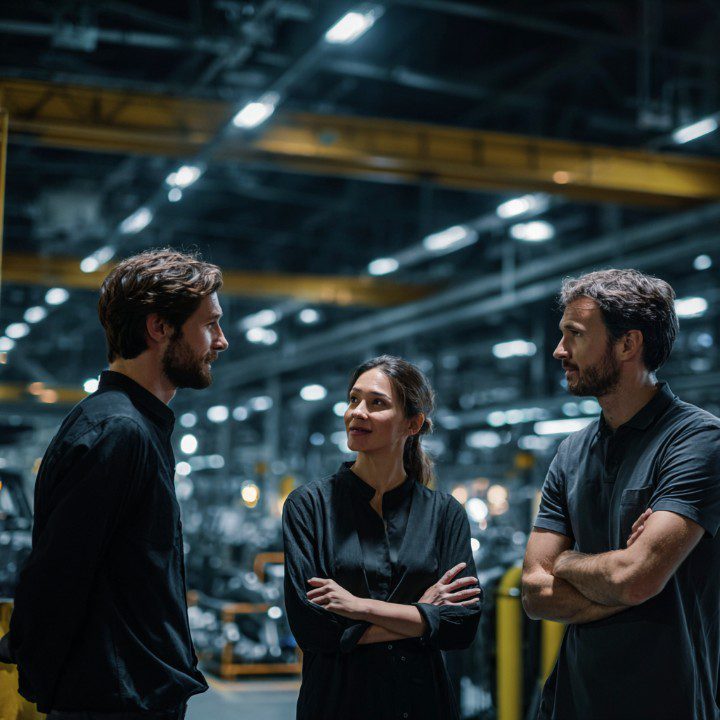Two male engineers and one female engineer talking in a modern manufacturing plant.