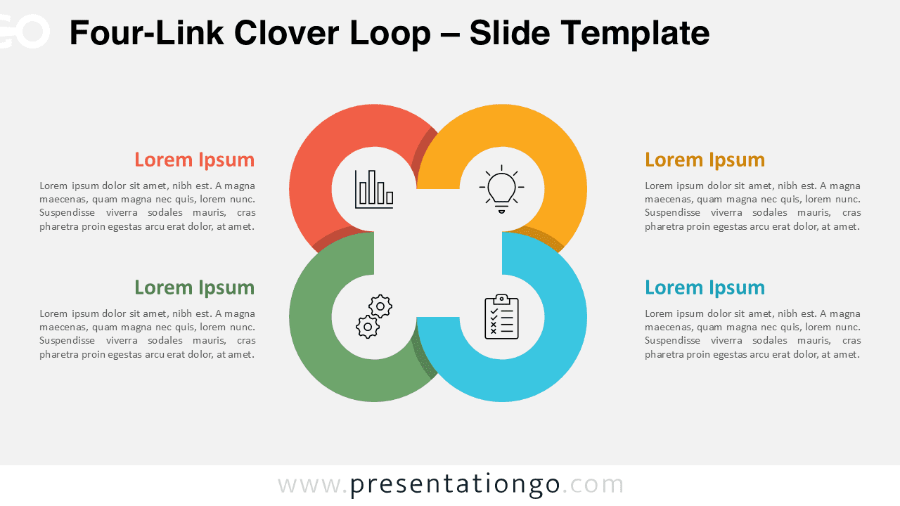 Free Four-Link Clover Loop PowerPoint template and Google Slides diagram featuring four interlocking rounded shapes on a white background, with clear labels and circular icons in each section.