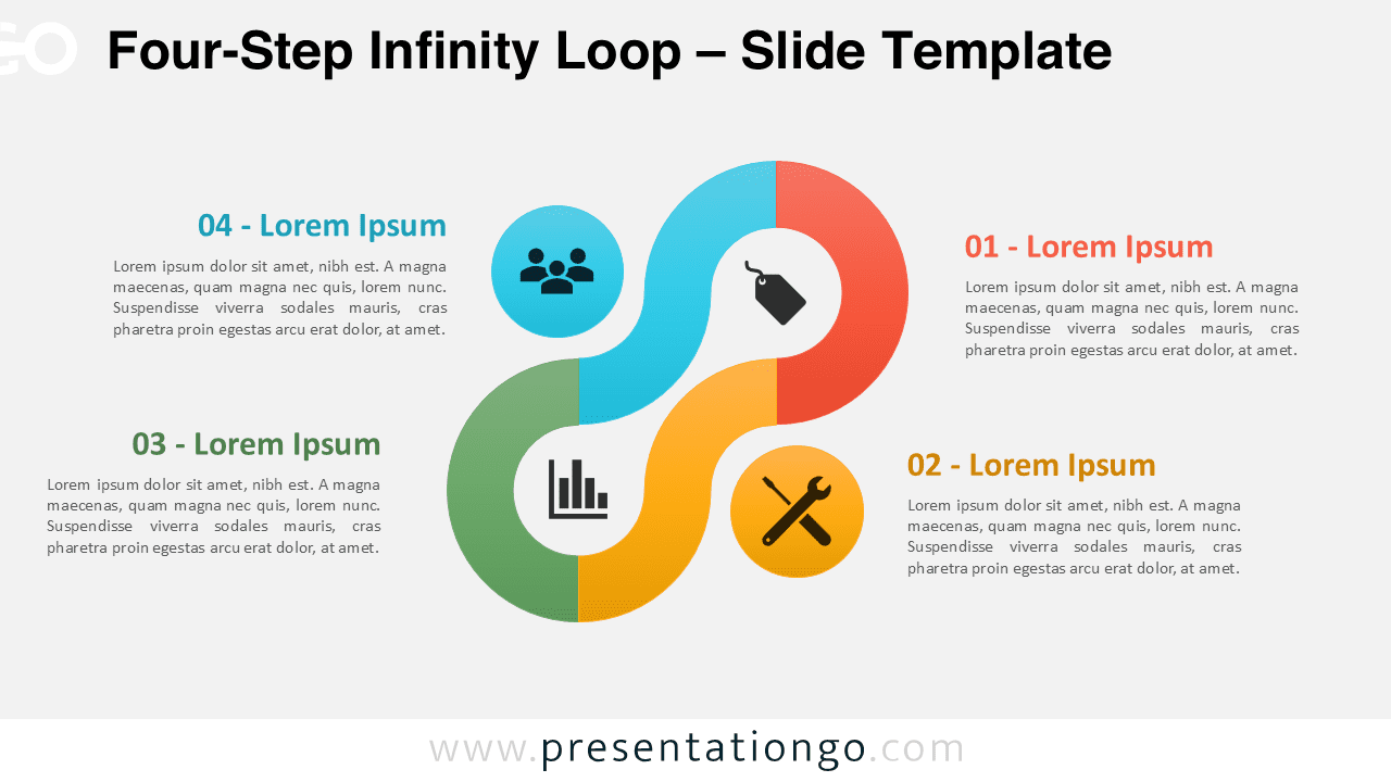 Free Four-Step Infinity Loop PowerPoint template with a light bg for Google Slides, showing four curved segments with icons and text blocks.