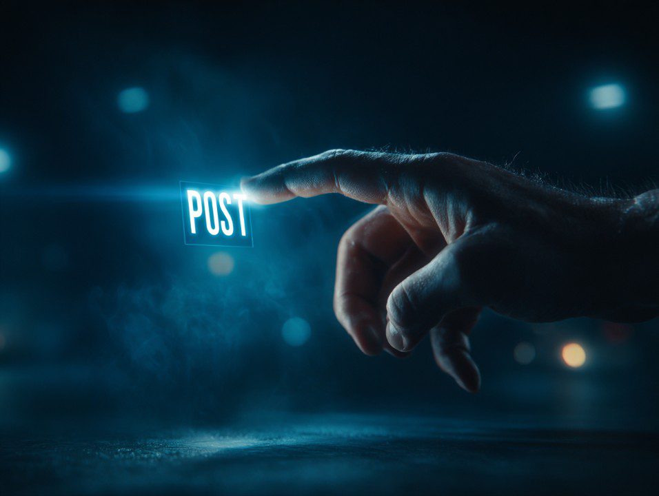 Cinematic close-up of a human hand hovering above a glowing virtual "POST" button, symbolizing technology and online communication.
