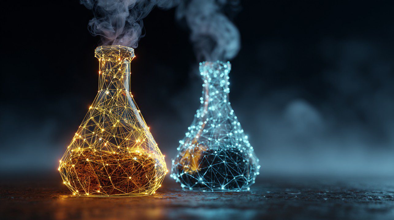 Cinematic digital illustration of two futuristic laboratory flasks, one orange and one blue, made of glowing network lines and emitting vapor.