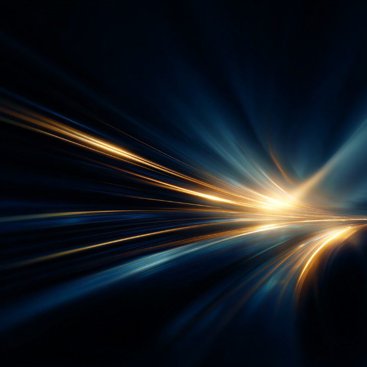 Golden and blue light trails on a dark futuristic abstract background.