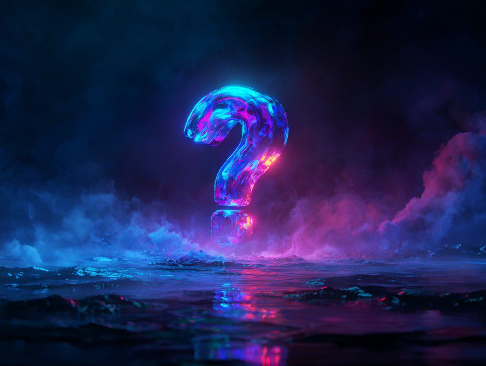 Glowing neon question mark in vibrant blues and pinks surrounded by sci-fi mist, symbolizing mystery and futuristic themes.