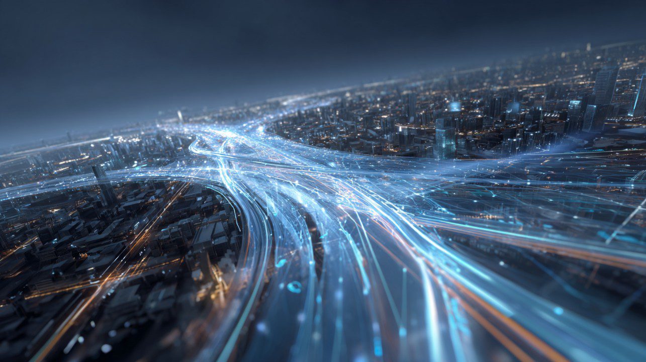 Stylized futuristic power grid with glowing blue energy lines over a sprawling modern smart city at night.