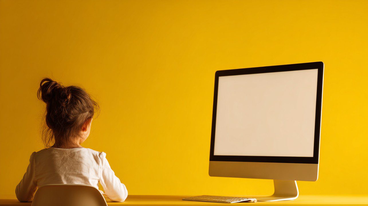 A young girl with brown hair in a bun sits at a minimalist desk using a desktop computer with a blank screen against a bright yellow background.