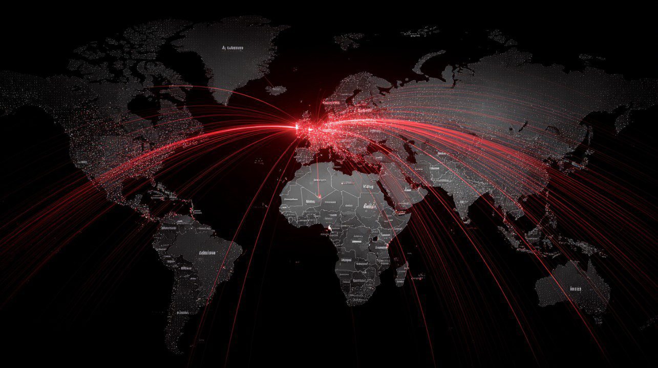 Dark-themed world map with red connection lines converging in Europe, representing global data flow and network communication.