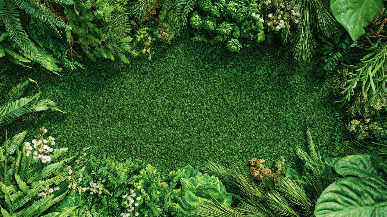 Green grass center framed with lush tropical leaves and plants.