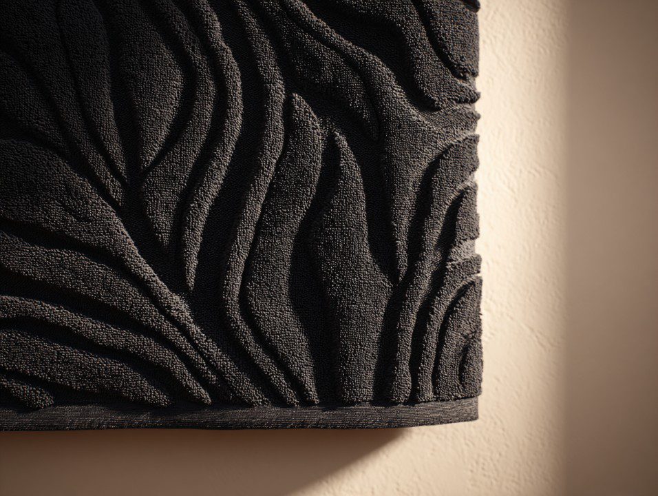 Luxurious black towel with an abstract organic pattern in plush textured fabric, hanging on a wall.