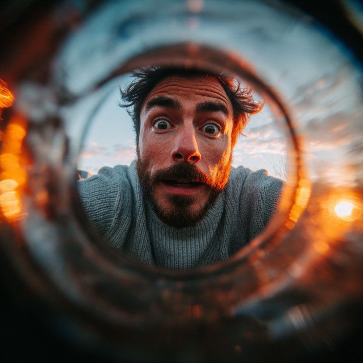 Surprised man looking into an empty wine bottle from an inside perspective.