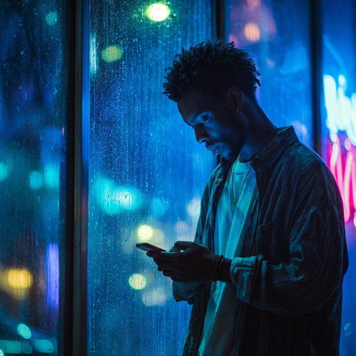 Man using phone at night, illuminated by neon lights through rain-streaked glass.
