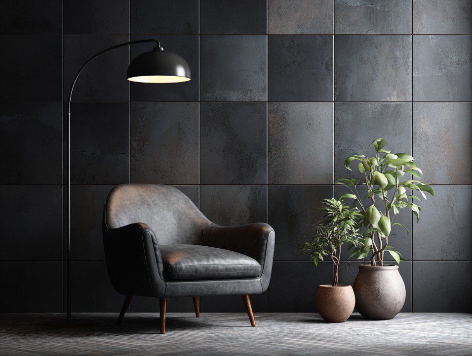 Modern black-tiled interior with a leather armchair, floor lamp, and potted plants.