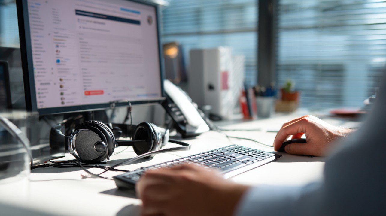 Modern office desk with computer, mouse, keyboard, and headphones in focus.