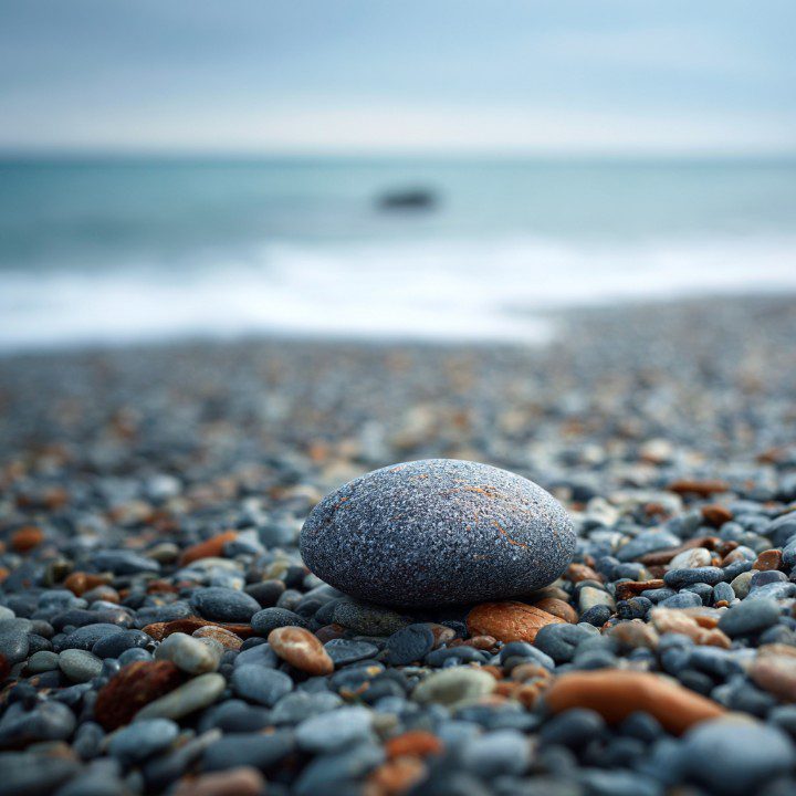 Smooth grey pebble on a rocky beach with ocean waves in the background.