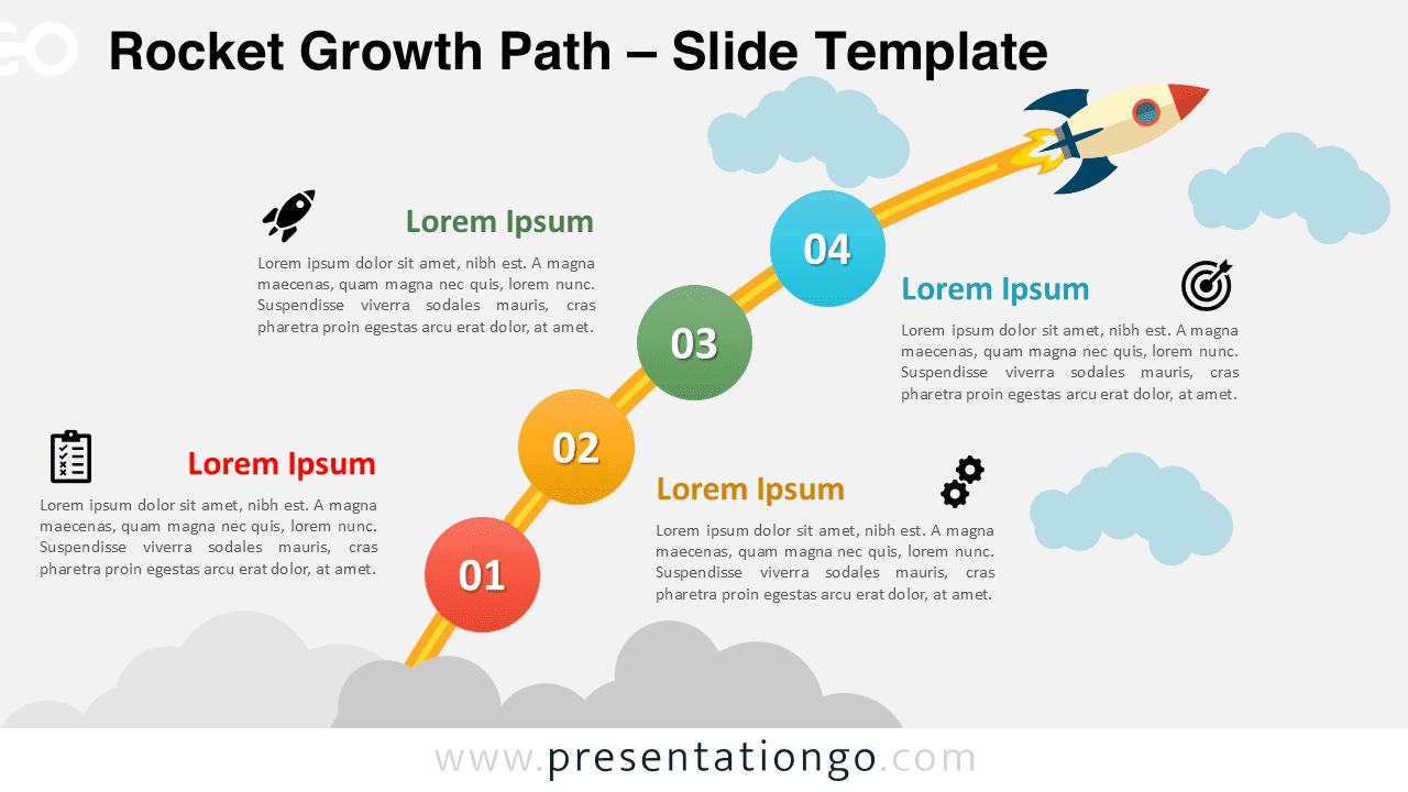 Widescreen rocket growth path diagram showing a 4-step launch trajectory with a light background for PowerPoint and Google Slides.