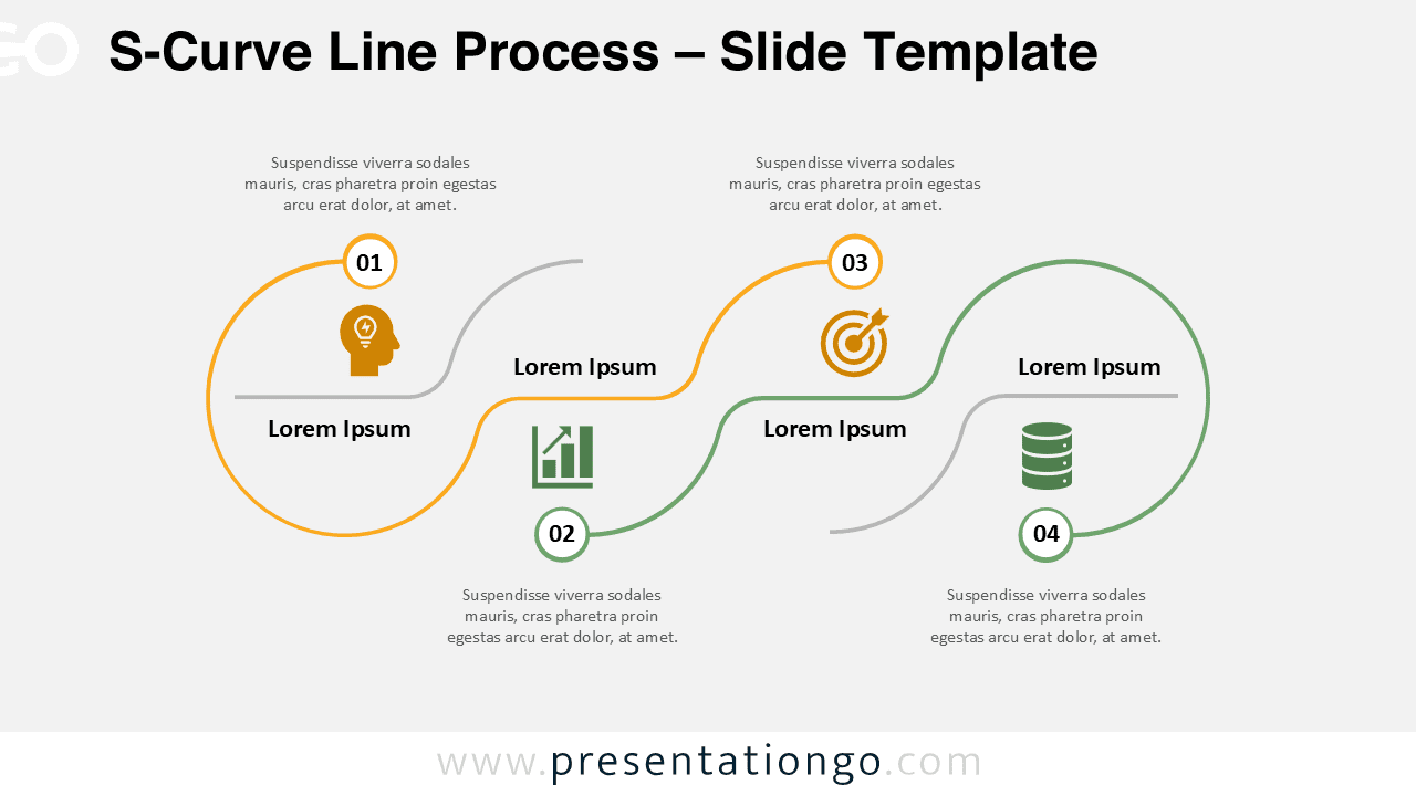 Free S-Curve Line Process PowerPoint template in a light background, showing a 4-step curved layout with color-coded circular loops and icons.