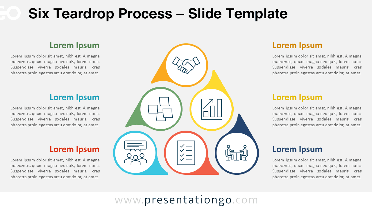 Free Six Teardrop Process PowerPoint template with a light background, featuring six icons in teardrop shapes arranged in three levels.