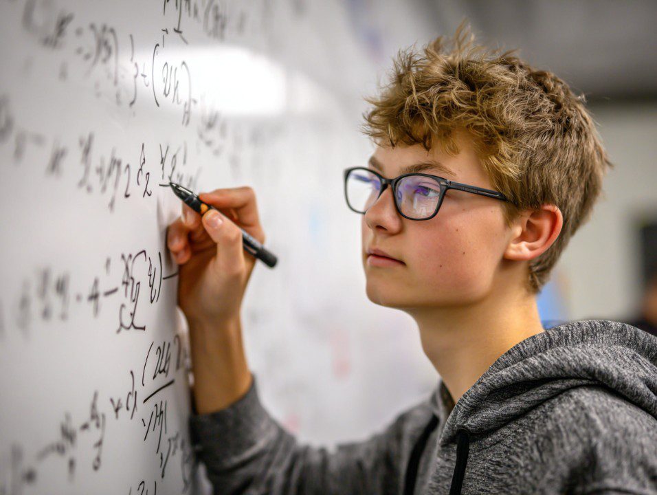 Student in glasses writing complex equations on a whiteboard.