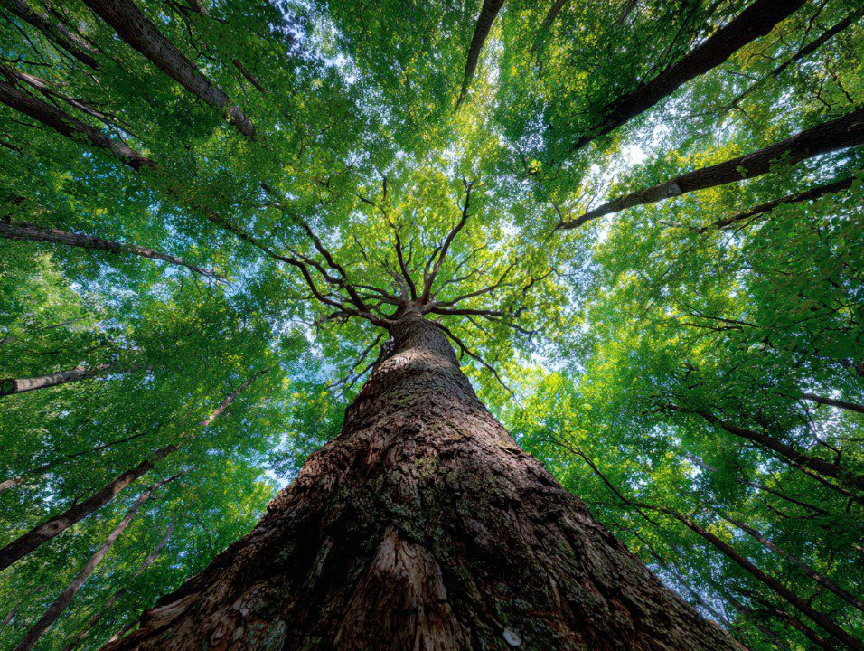 Upward view of a tall tree with green canopy in a lush forest.