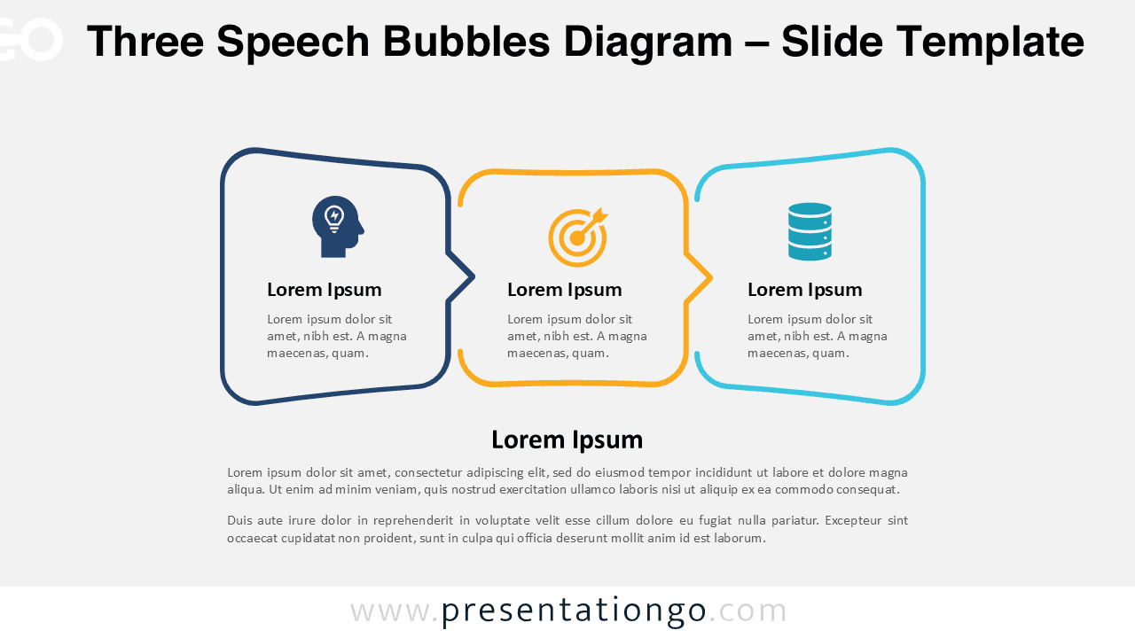 Free Three Speech Bubbles Diagram PowerPoint and Google Slides template featuring a light background with evenly spaced bubbles, icons, and title areas.