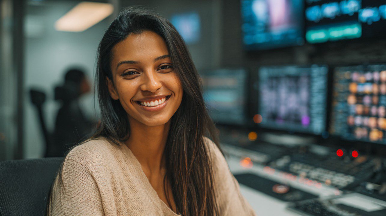 Smiling video editor in modern editing suite with multiple monitors and editing equipment.