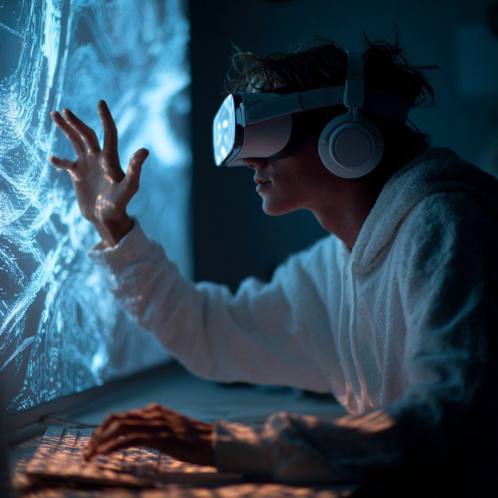 Person wearing VR headset and headphones interacting with a glowing digital interface in a dark room.