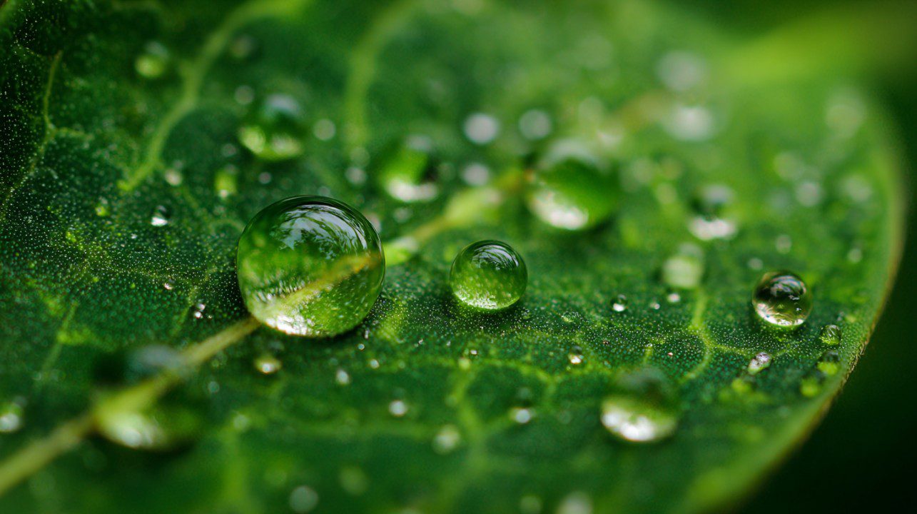 Macro shot of water droplets on a vibrant green leaf.