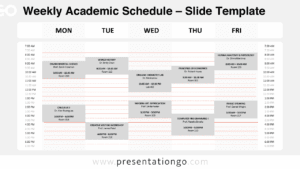 Free Weekly Academic Schedule PowerPoint template and Google Slides example featuring Monday to Friday timetable filled with classes, times, and rooms.