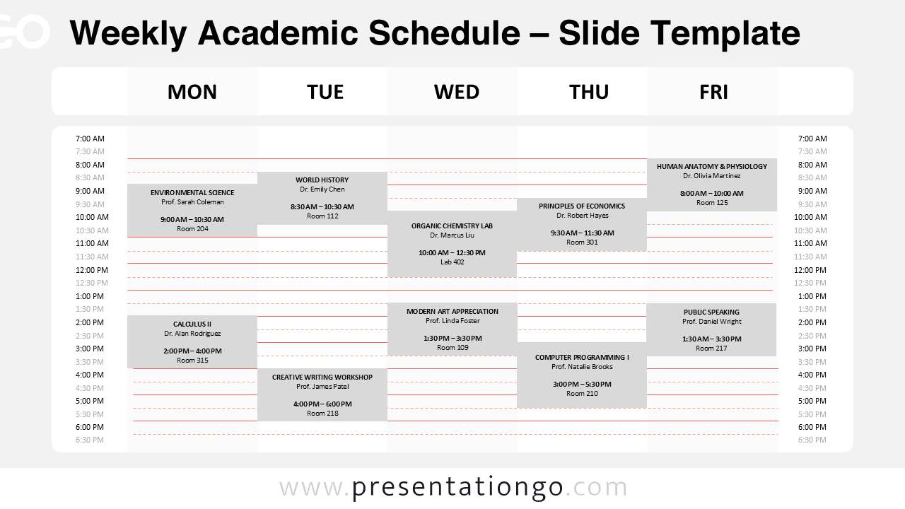 Free Weekly Academic Schedule PowerPoint template and Google Slides example featuring Monday to Friday timetable filled with classes, times, and rooms.