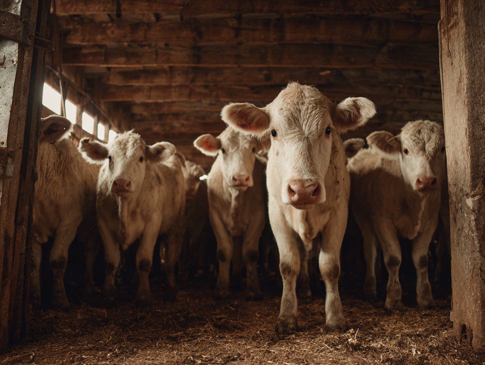 A group of white cows standing inside a rustic wooden barn, facing the camera in warm natural light.