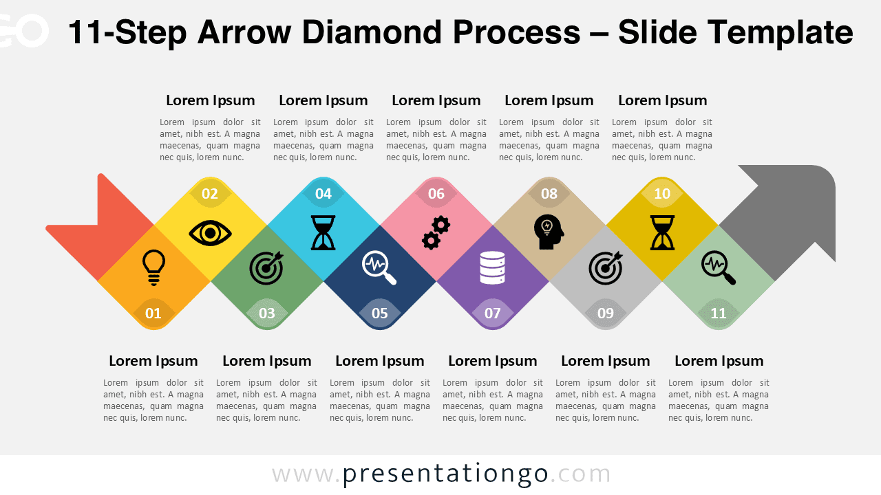 Free 11-Step Arrow Diamond Process PowerPoint template features five curved diamond shapes on a light background, each with icons and numbers in a zigzag layout, ideal for Google Slides to present process or timeline stages.