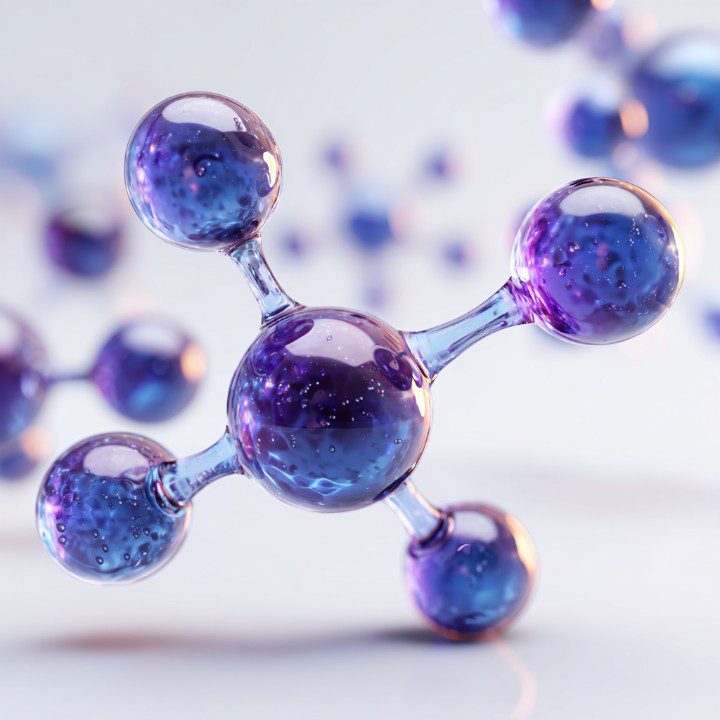 3D-rendered molecular structure with glossy purple-blue transparent spheres connected by thin rods, used in scientific visuals.