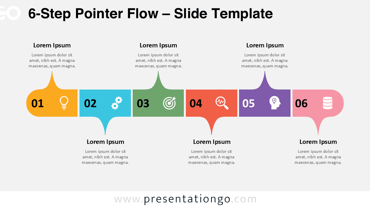Free 6-Step Pointer Flow PowerPoint template for Google Slides displaying a light background layout with six sequential pointer blocks and icons.