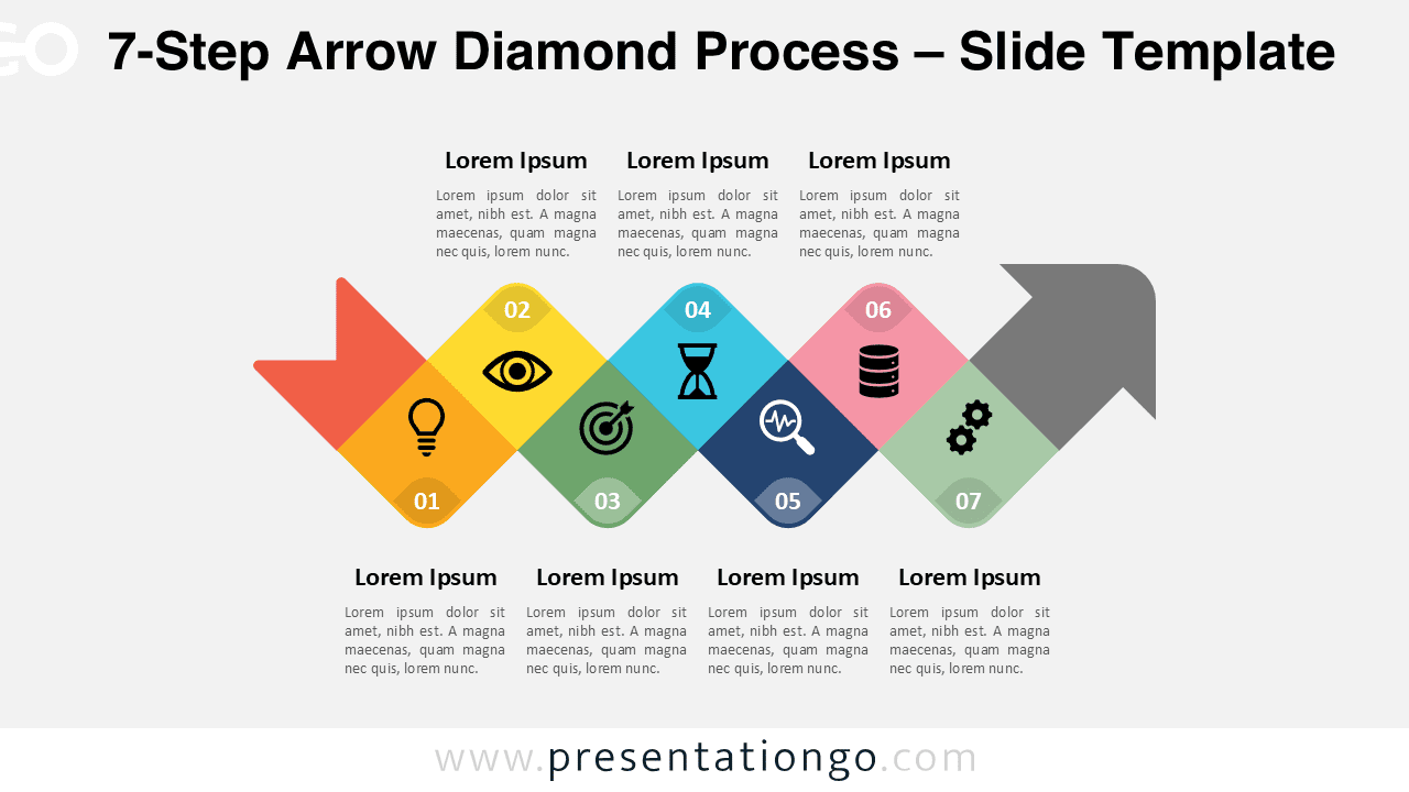 Free 7-Step Arrow Diamond Process PowerPoint template features five curved diamond shapes on a light background, each with icons and numbers in a zigzag layout, ideal for Google Slides to present process or timeline stages.