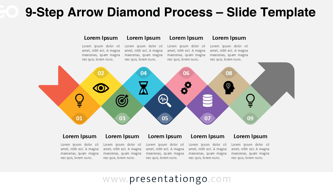 Free 9-Step Arrow Diamond Process PowerPoint template features five curved diamond shapes on a light background, each with icons and numbers in a zigzag layout, ideal for Google Slides to present process or timeline stages.