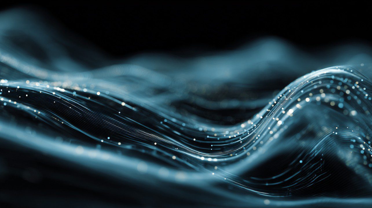 Fluid wave of glowing digital lines and points on dark background, representing data flow, AI, and modern tech visuals.
